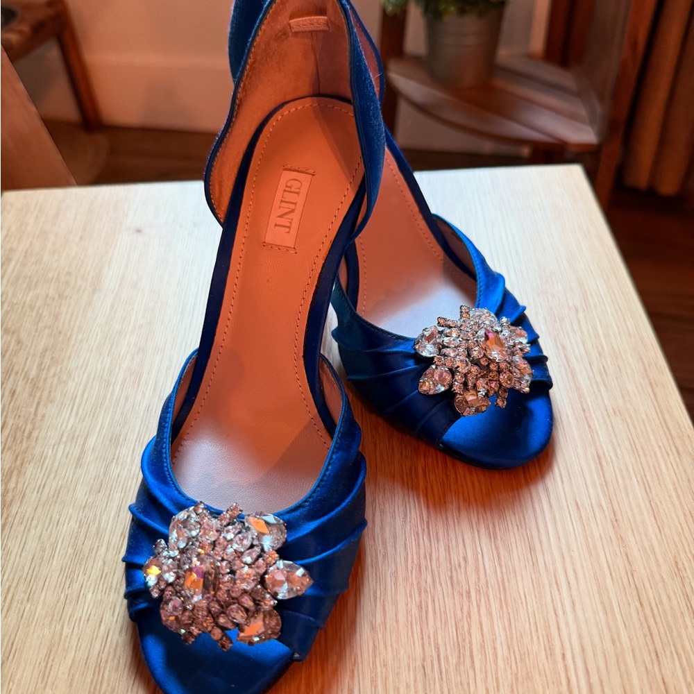 Glint Blue Satin Heels with Crystal Accents